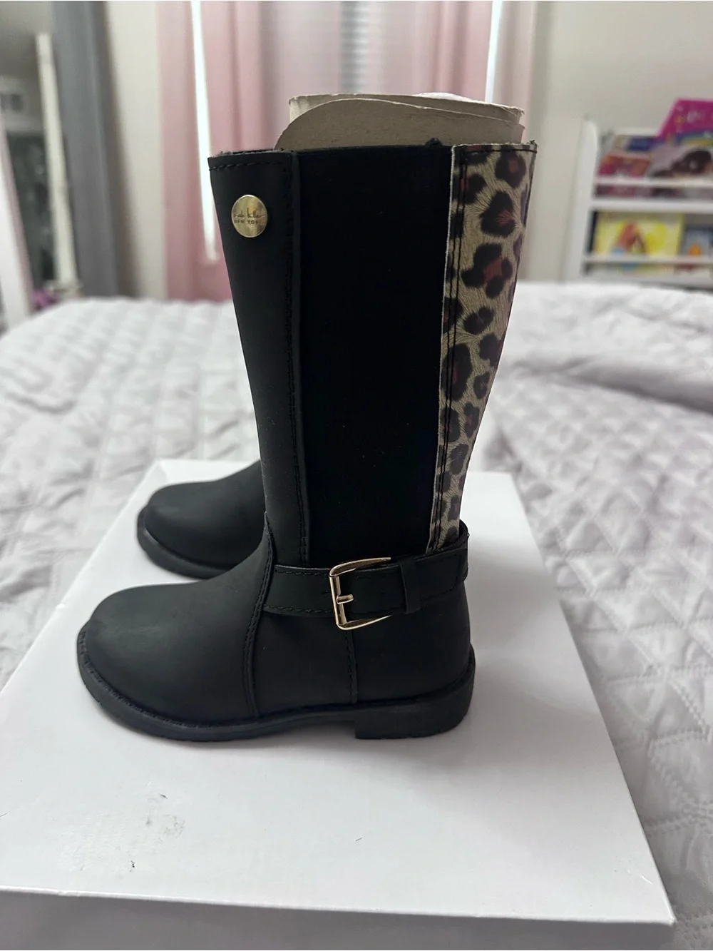 Girls' Black Mid-Calf Boots with Leopard Accent and Buckle